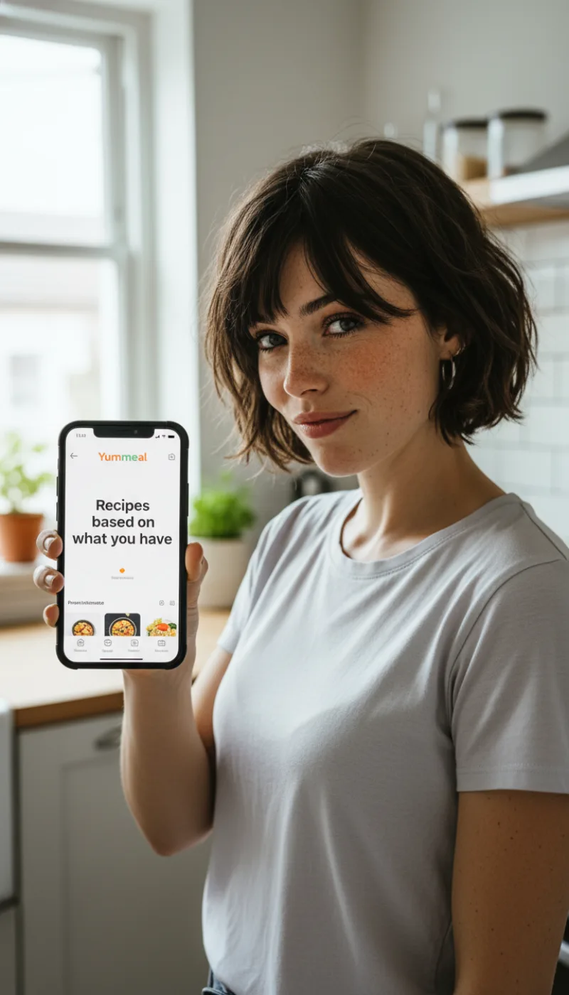Créatrice UGC présentant l'application Yummeal sur son téléphone